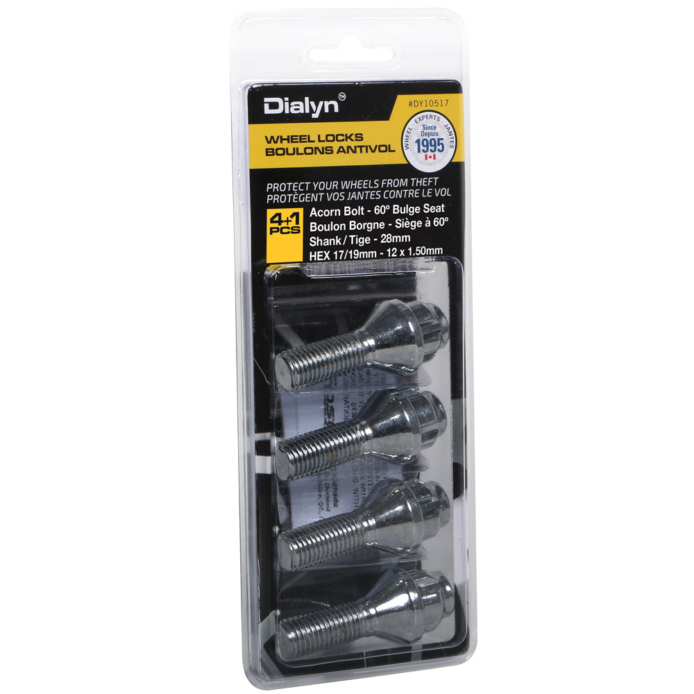 Acorn Chrome Lock Bolt Set 60° Seat-12x1.50mm-28mm Shank-17/19mm Hex (PKG/4)