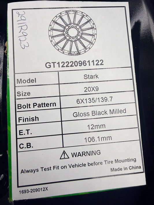 GT OFF-ROAD STARK GLOSS BLACK MILLED 20X9 +12 6x135 106.1cb