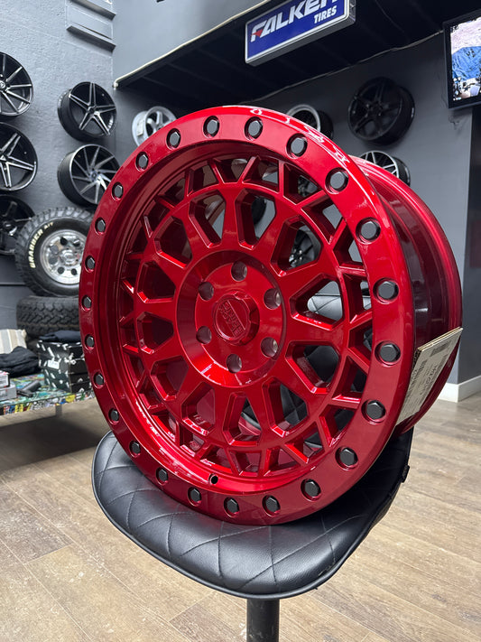 20X9.5 +12 BLACK RHINO PRIMM CANDY RED W/ BLACK BOLTS 6X139.7mm 112.1cb