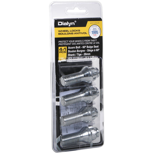 Acorn Chrome Lock Bolt Set 60° Seat-14x1.50mm-28mm Shank-19/21mm Hex (PKG/4)